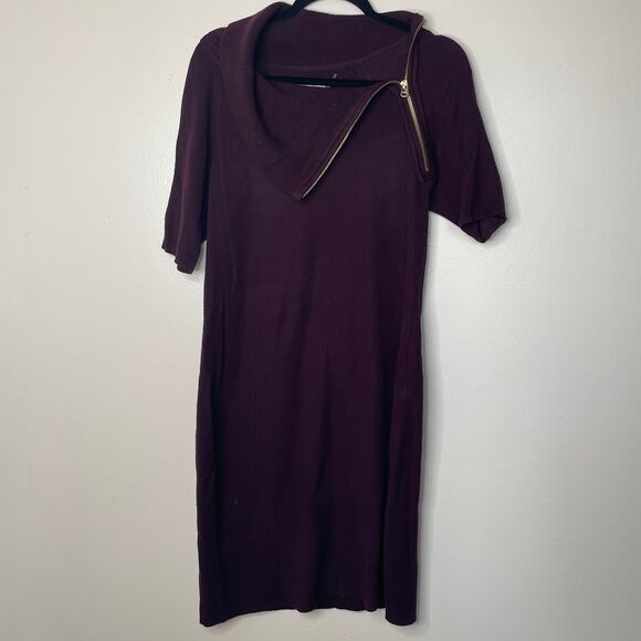 Calvin Klein Purple Short Sleeve Zip Cowl Asymmetrical Neck Sweater Dress Sz L - Picture 1 of 10